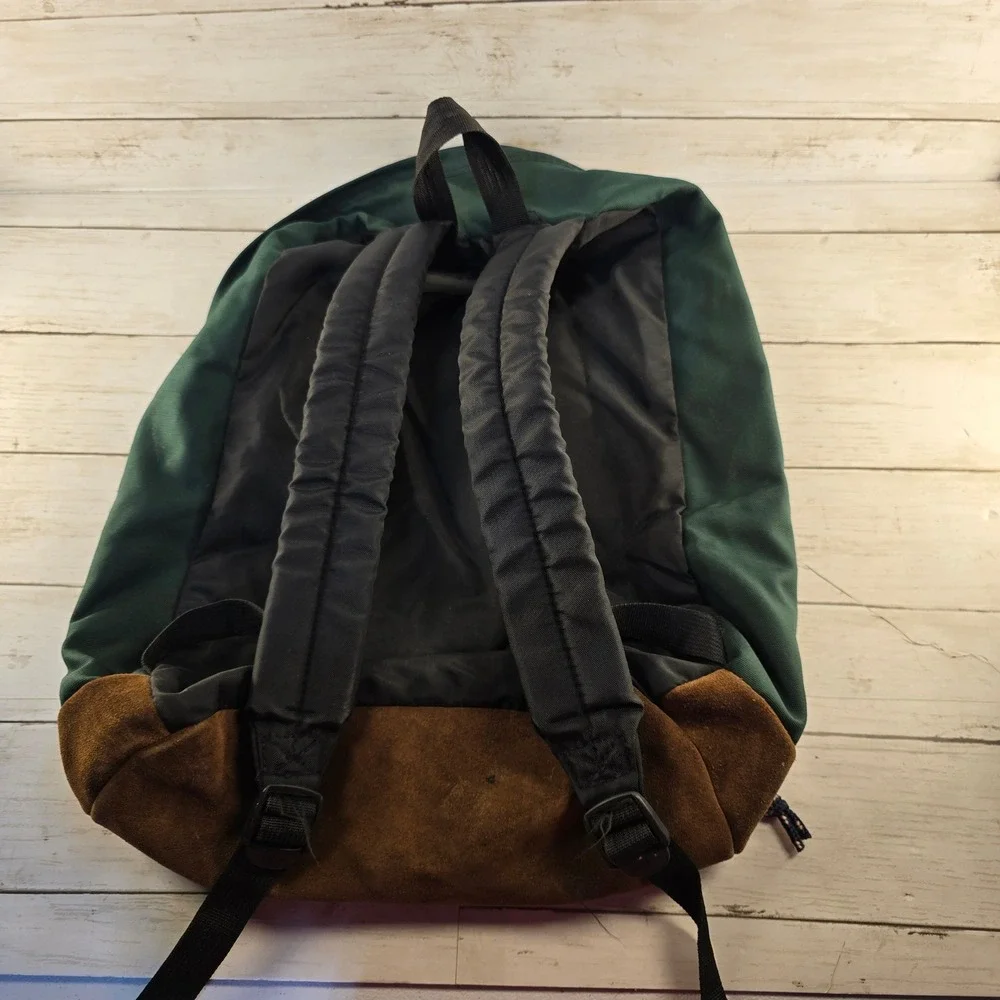 VTG 90's JanSport Backpack Forest Green Canvas Suede Leather Bottom Mesh Pocket